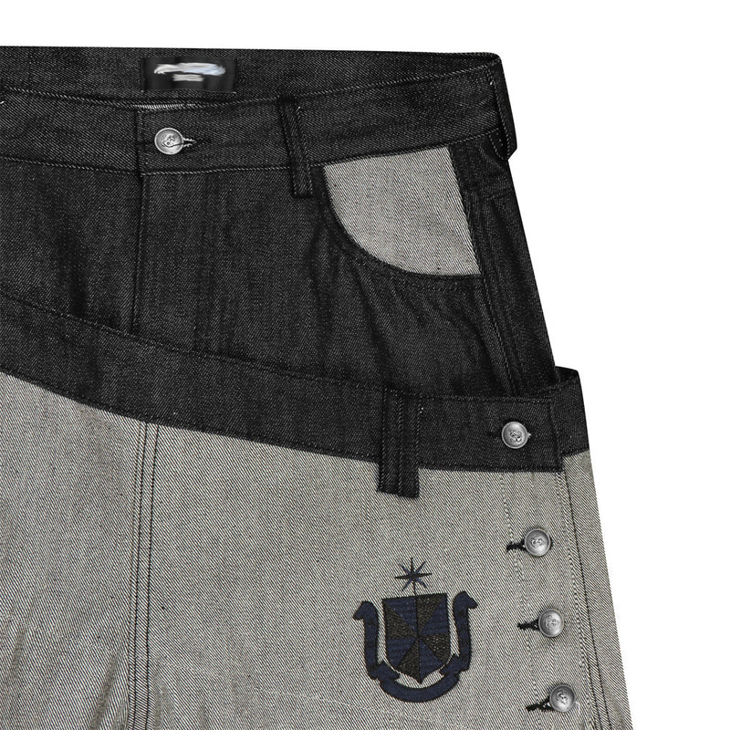 Jean en denim brut à double ceinture et jambes larges – Colorblock diagonal et broderie