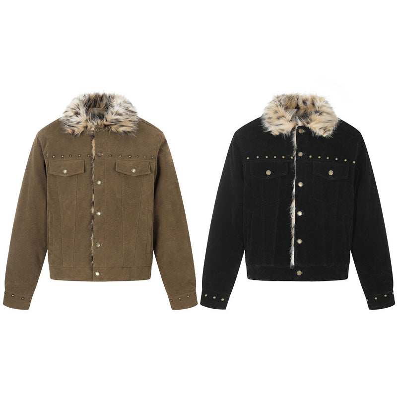 Men's Winter Jacket Faux Fur Collar Studded Snap-Button Coat