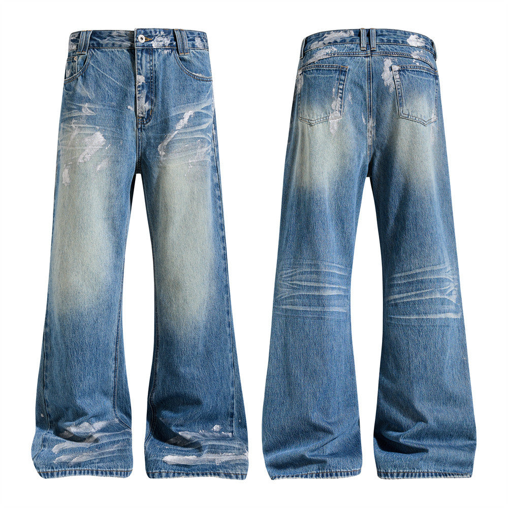 Men's washed blue distressed wide-leg flare jeans with paint splatter detailing, front and back view