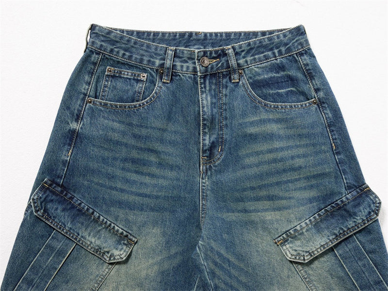Baggy Wide-Leg Cargo Jeans – Men's Multi-Pocket Distressed Denim