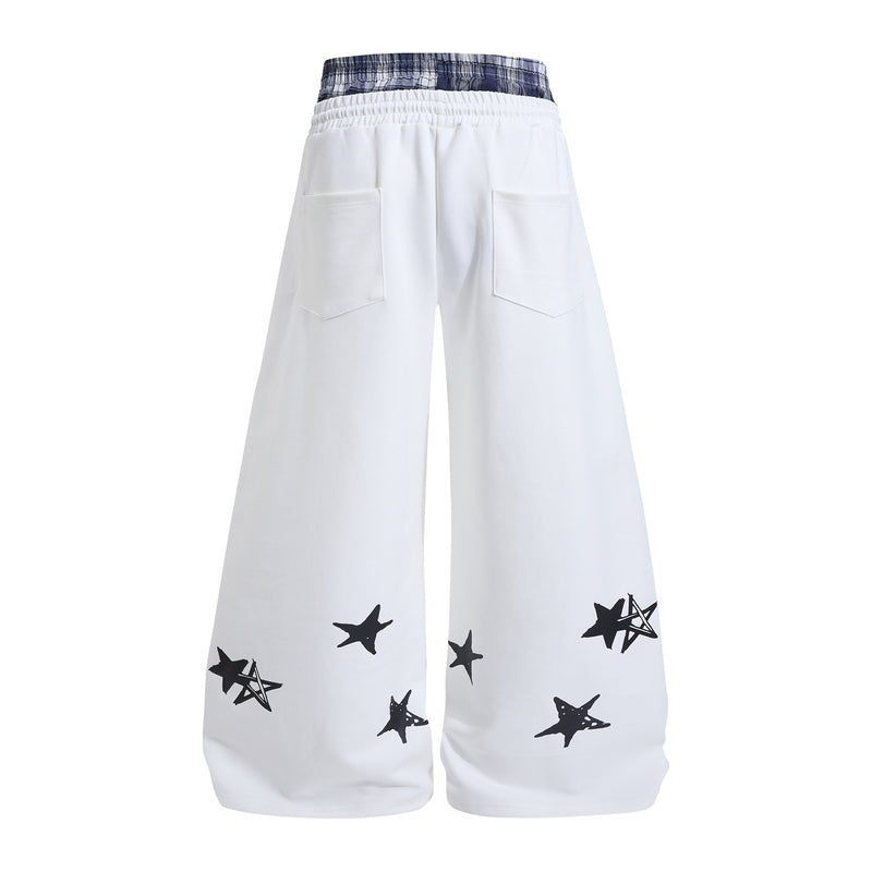 Wide-Leg Sweatpants with Plaid Waistband & Star Print – Trouvaille Graphic
