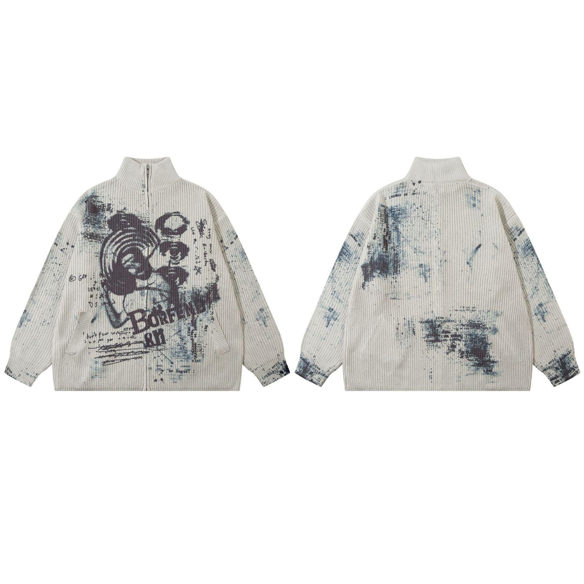 Veste pull zippée en maille imprimée ours graffiti – Col montant, éclaboussures d’encre, vintage