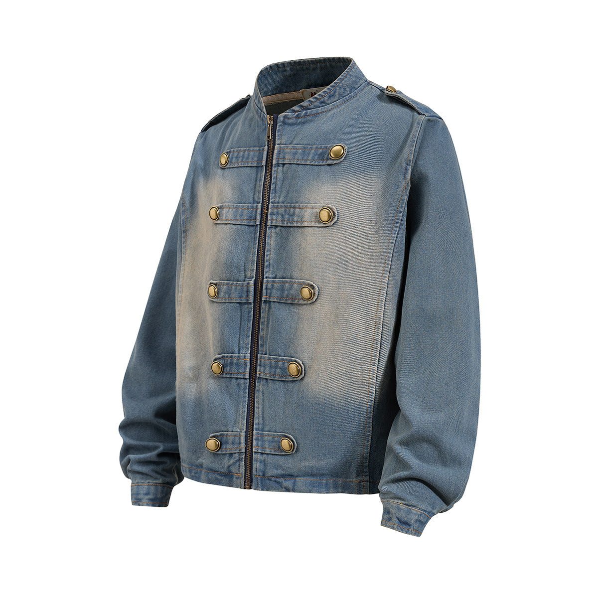 Military-Style Washed Denim Jacket – Stand Collar, Double-Breasted Button Detail