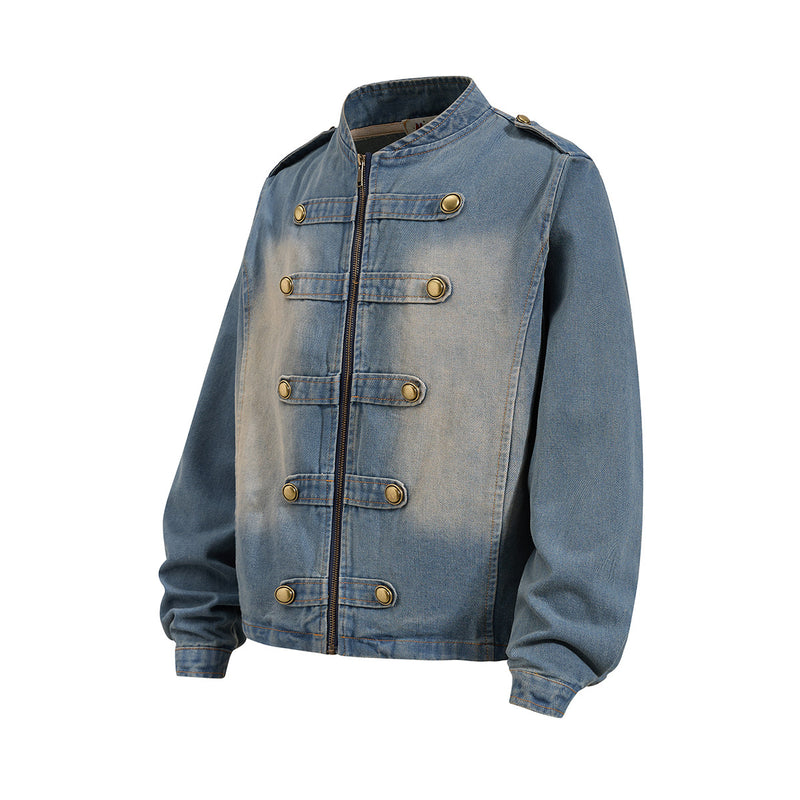 Military-Style Washed Denim Jacket – Stand Collar, Double-Breasted Button Detail