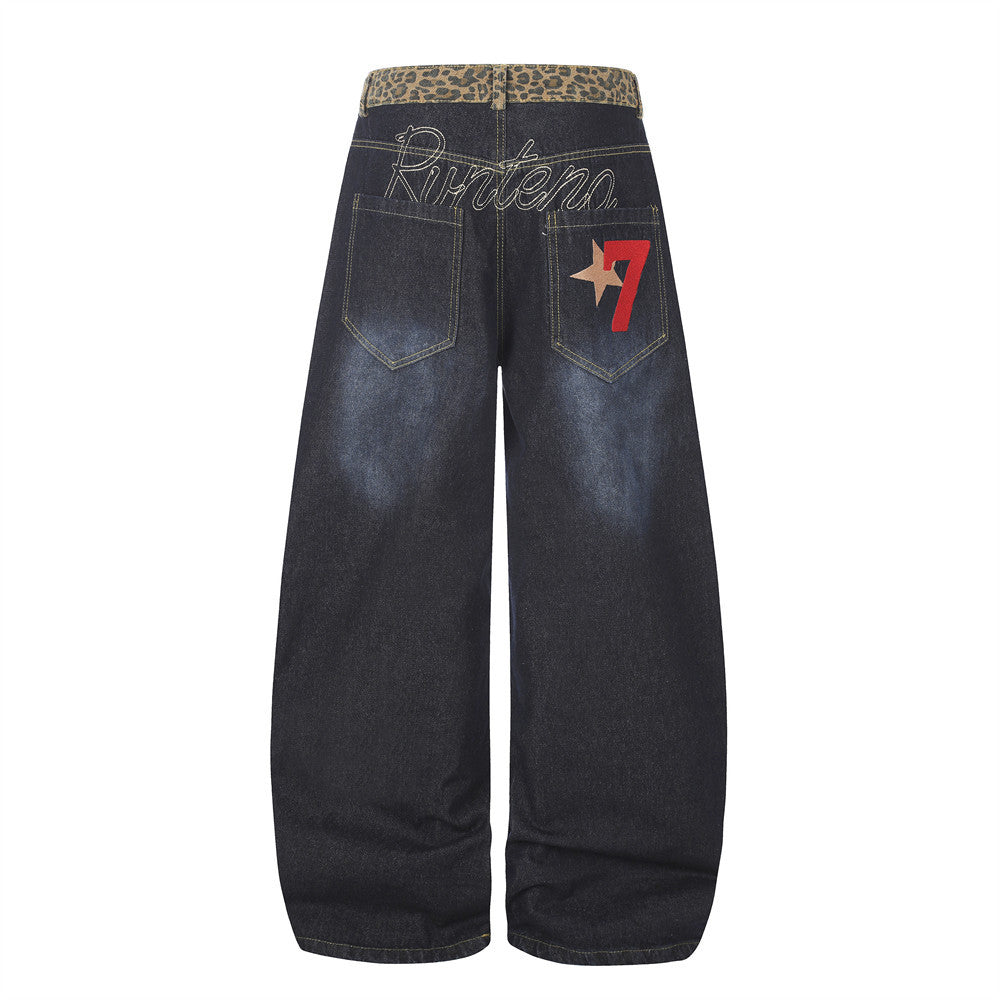 Vaqueros de Pierna Ancha para Hombre – Cintura de Leopardo, Corte Barrel Holgado y Denim Lavado