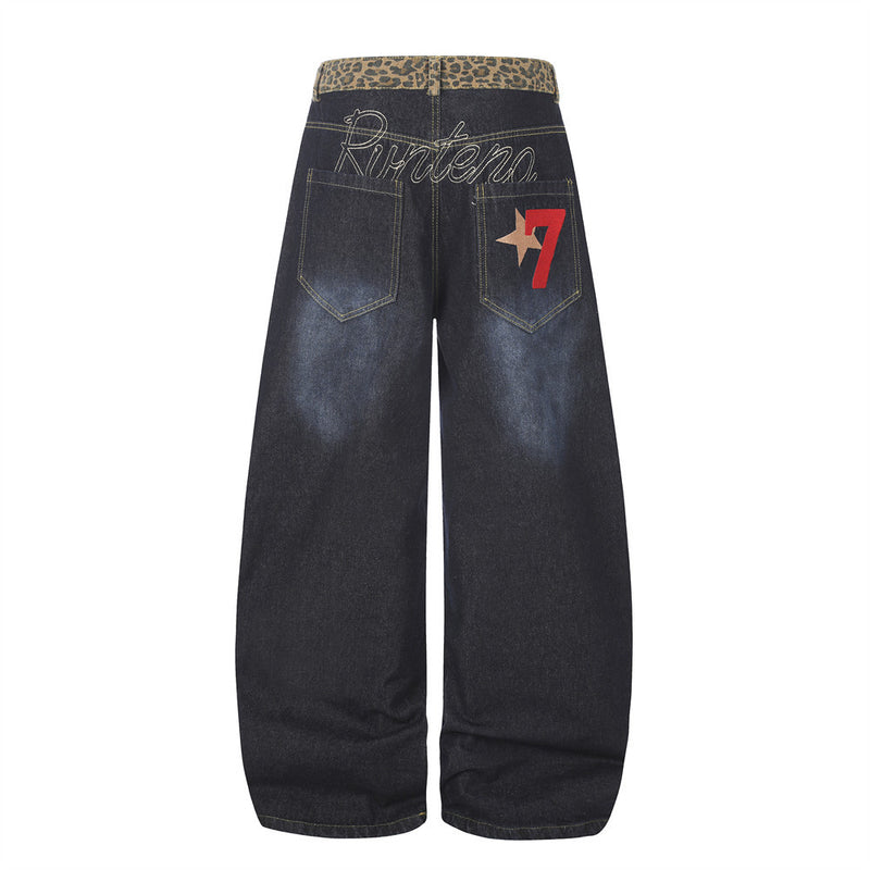 Vaqueros de Pierna Ancha para Hombre – Cintura de Leopardo, Corte Barrel Holgado y Denim Lavado