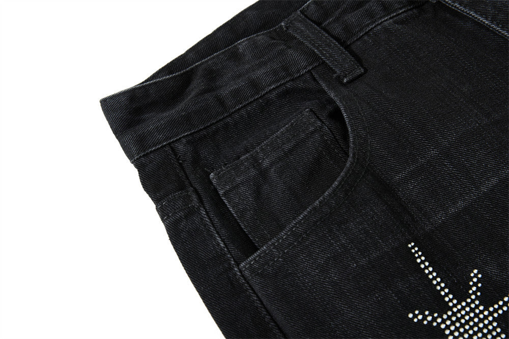 Wide-Leg Jeans Men – Washed Denim, Rhinestone Cross & Paint Splatter Detail