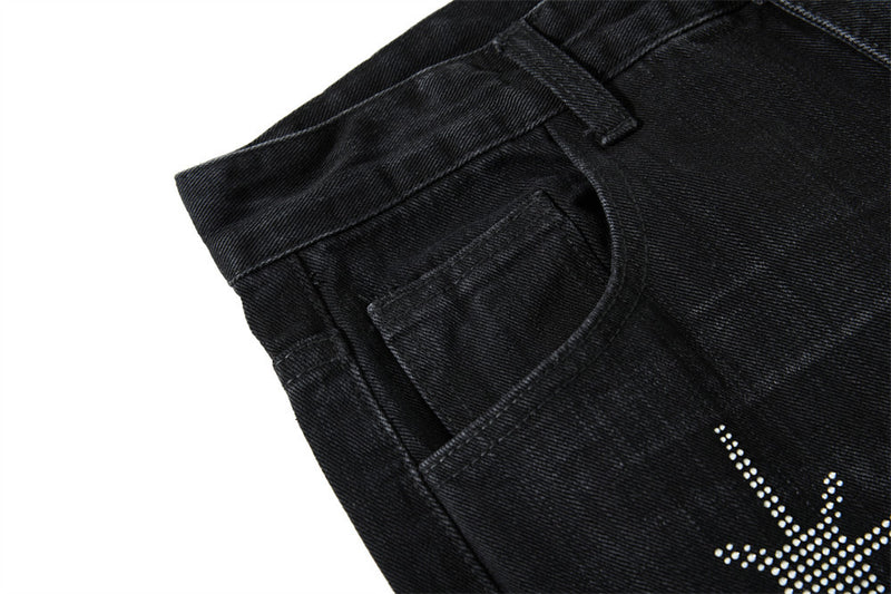 Wide-Leg Jeans Men – Washed Denim, Rhinestone Cross & Paint Splatter Detail