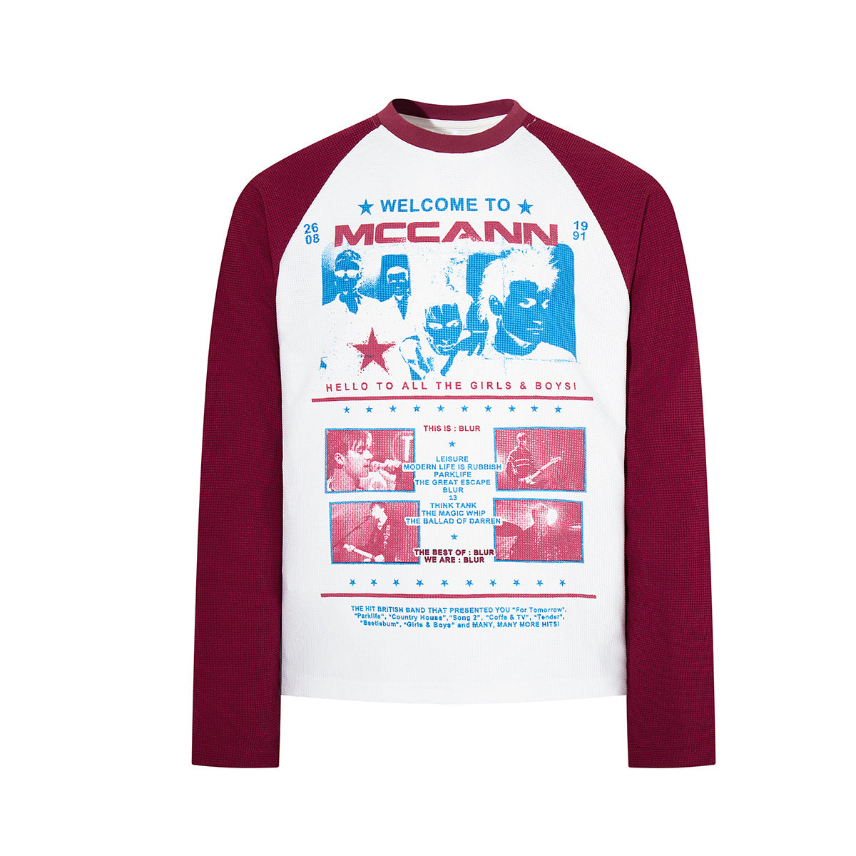 Raglan-Langarmshirt in Weiß und Burgunderrot mit Retro-Blur-Konzertposter-Grafik auf der Vorderseite und Waffelstrick-Kontrasteinsätzen