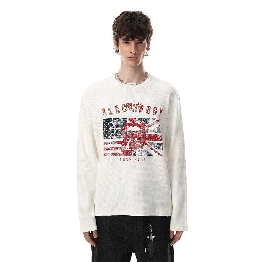 Long Sleeve Waffle Knit Graphic Tee – US & UK Flag Rock Print