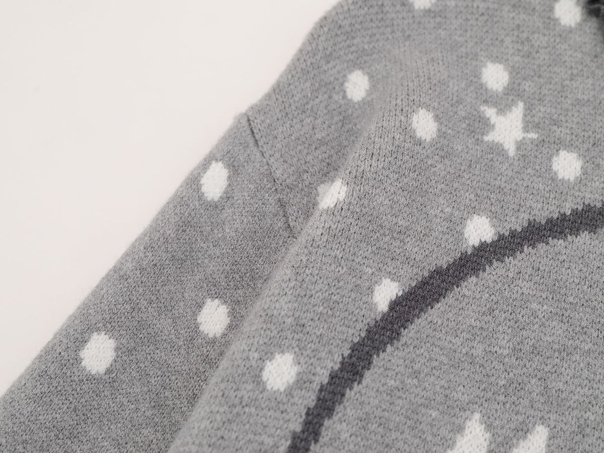 Anime Girl Jacquard Knit Sweater with 3D Angel Wing Patch & Polka Dot Print
