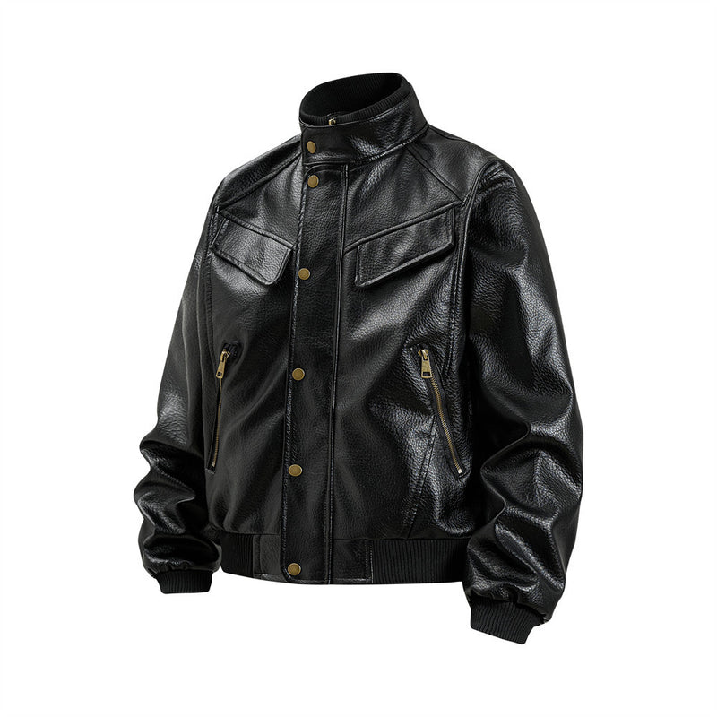 Men's Vintage Leather Bomber Jacket – Stand Collar PU Leather with Snap Buttons