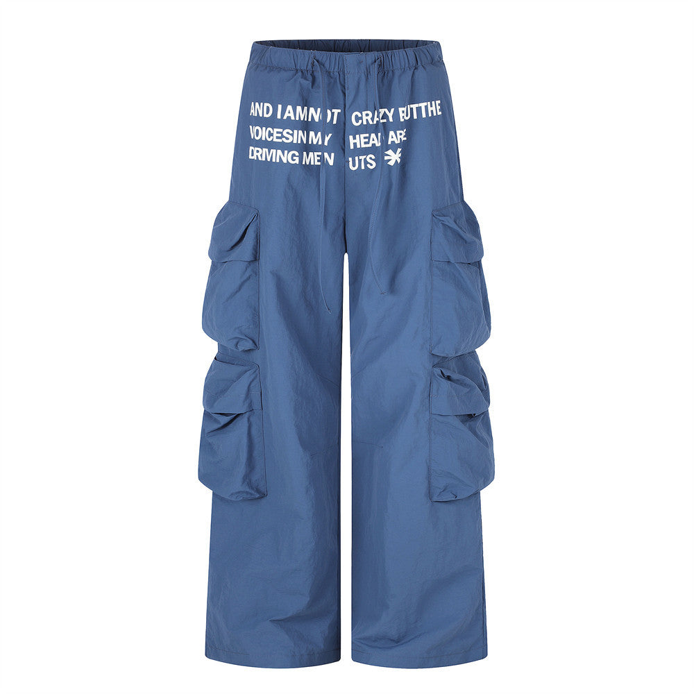 Wide-Leg Cargo Pants with Multi-Pocket Design & Letter Print Waistband