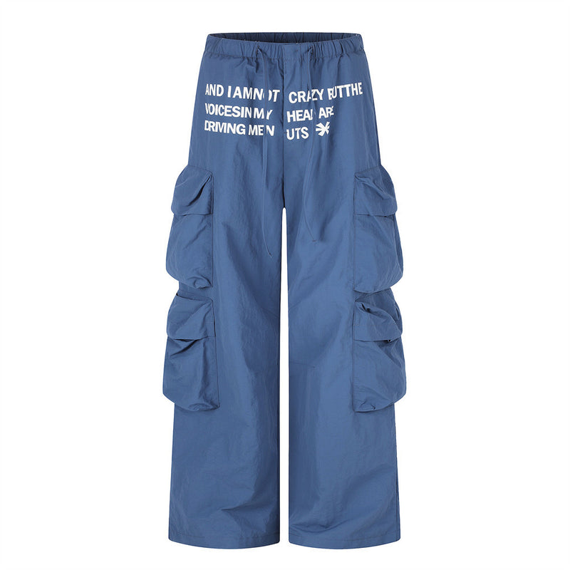 Wide-Leg Cargo Pants with Multi-Pocket Design & Letter Print Waistband
