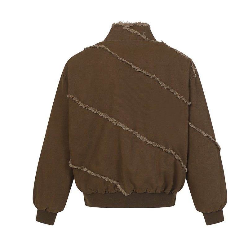 Chaqueta bomber deconstruida con costuras deshilachadas – Estilo universitario de algodón lavado
