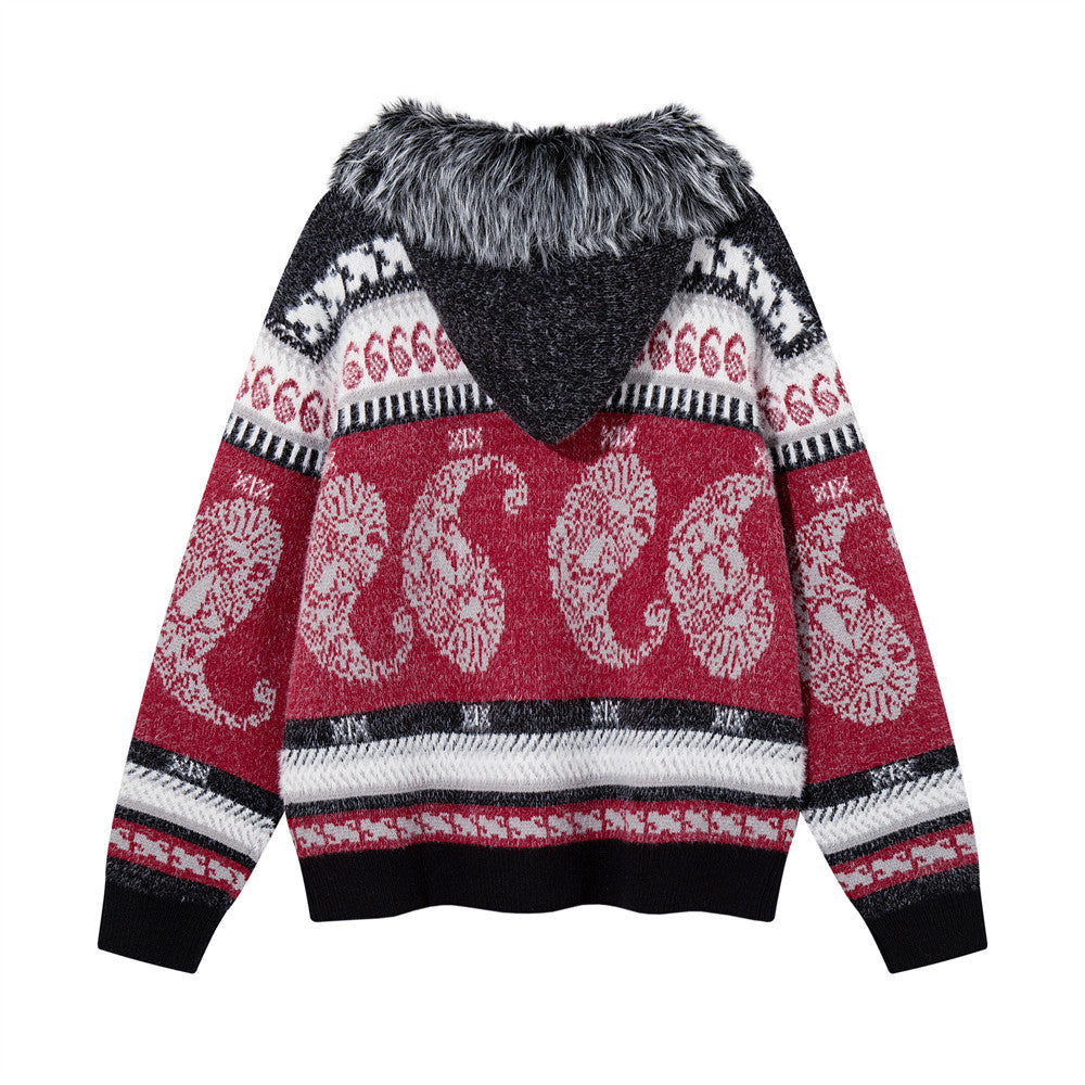 Jacquard-Strick-Cardigan mit Reißverschluss, Kapuze und Kunstfellkragen