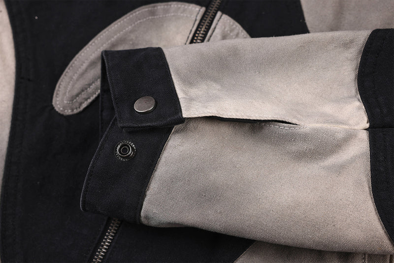 Abstrakte Patchwork-Reißverschlussjacke – Zweifarbig in Schwarz und gewaschenem Grau, verkürzte Harrington-Jacke