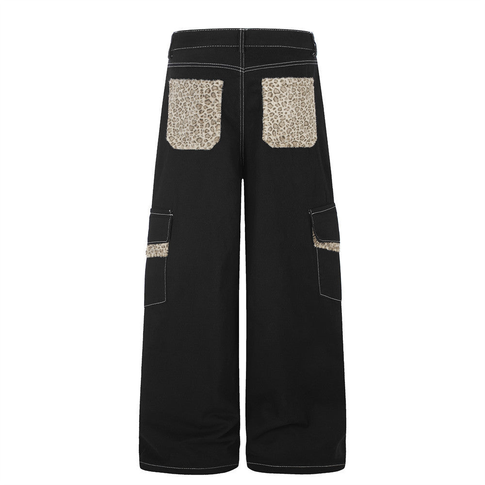 Men's Wide-Leg Cargo Pants with Leopard Fur Trim & Multi-Pocket Design