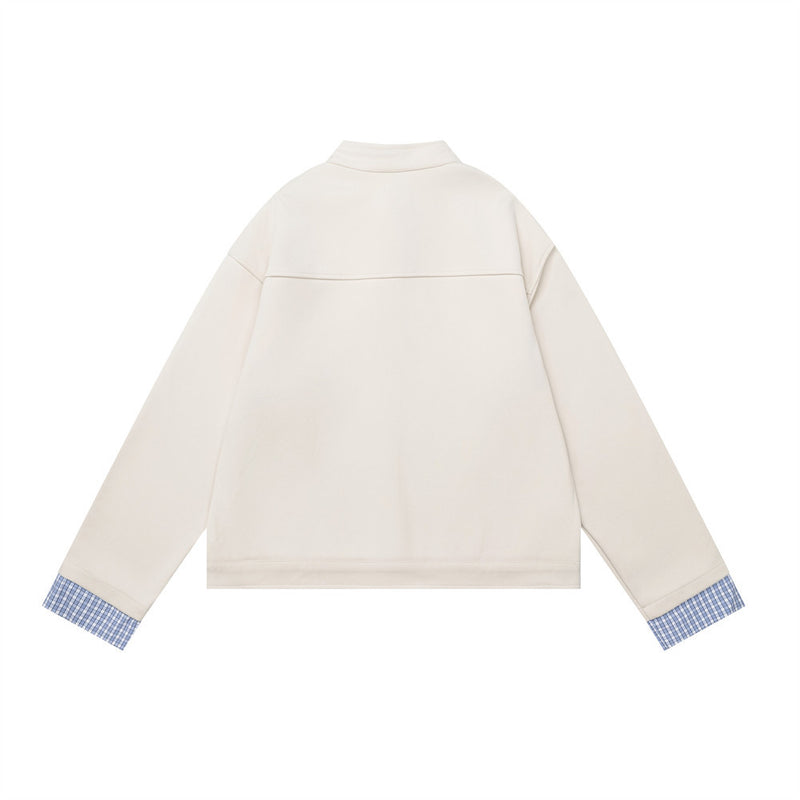 Stand Collar Button-Up Short Jacket with Plaid Cuff Detail — Men's Streetwear