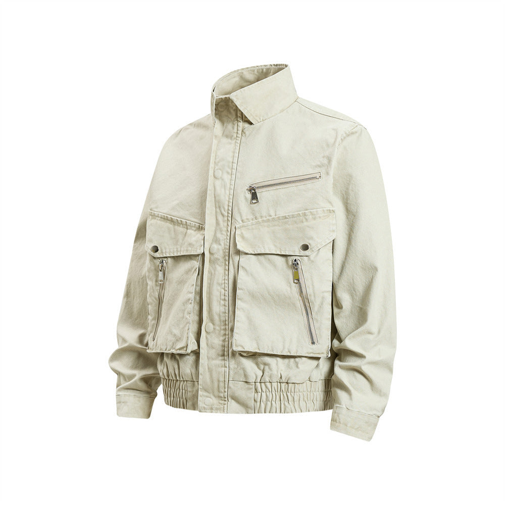 Men's Cargo Bomber Jacket with Multi-Pocket Stand Collar, Relaxed Fit