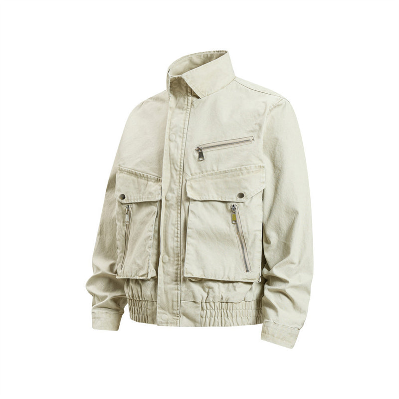 Men's Cargo Bomber Jacket with Multi-Pocket Stand Collar, Relaxed Fit