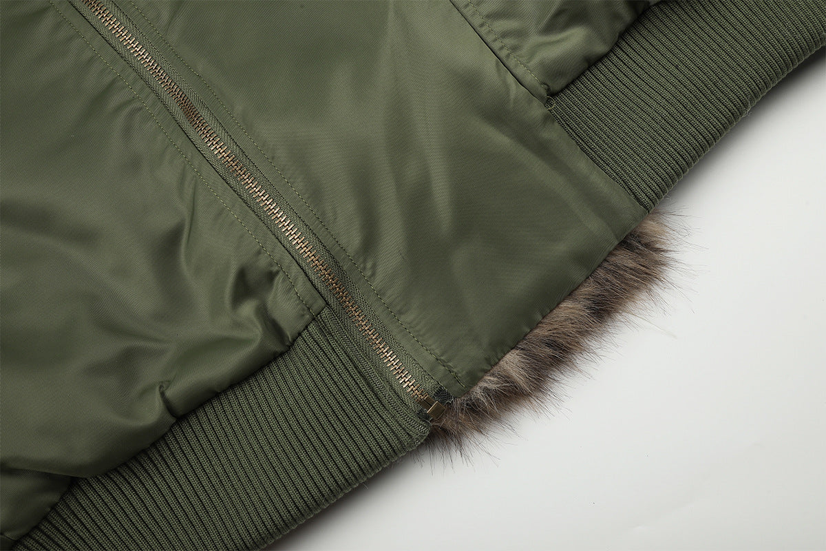 Army Green Bomber Jacket with Leopard Faux Fur Collar & Studs