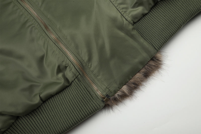 Army Green Bomber Jacket with Leopard Faux Fur Collar & Studs