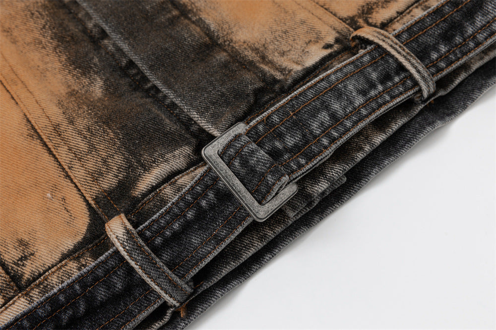 Oversized Acid-Wash Distressed Denim Jacket – Bleached Tie-Dye Punk Streetwear