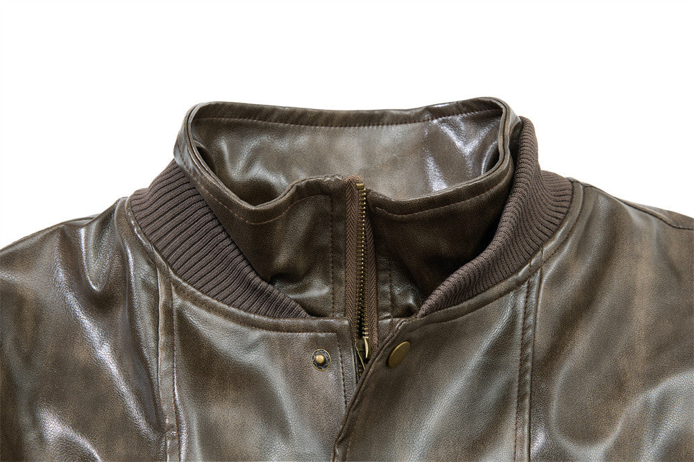 Men's Distressed Glossy PU Leather Bomber Jacket with Stand Collar & Diagonal