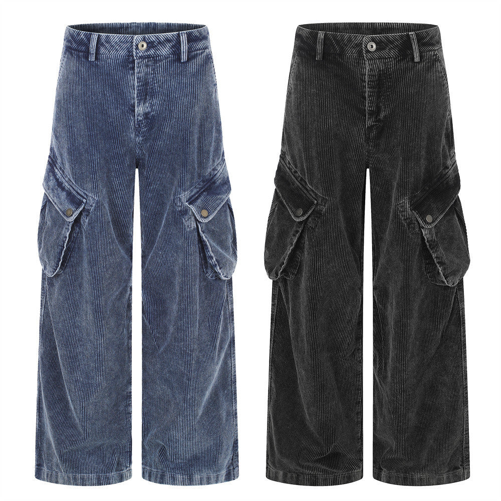 Herren-Cargohose aus Cord mit weitem Bein und Druckknopf-Taschen an den Oberschenkeln in Vintage-Blau und Anthrazitgrau