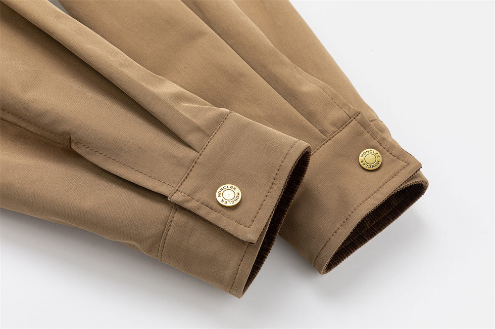 Men's Cargo Zip Jacket with Plaid Contrast Collar and Patch Pockets — Khaki