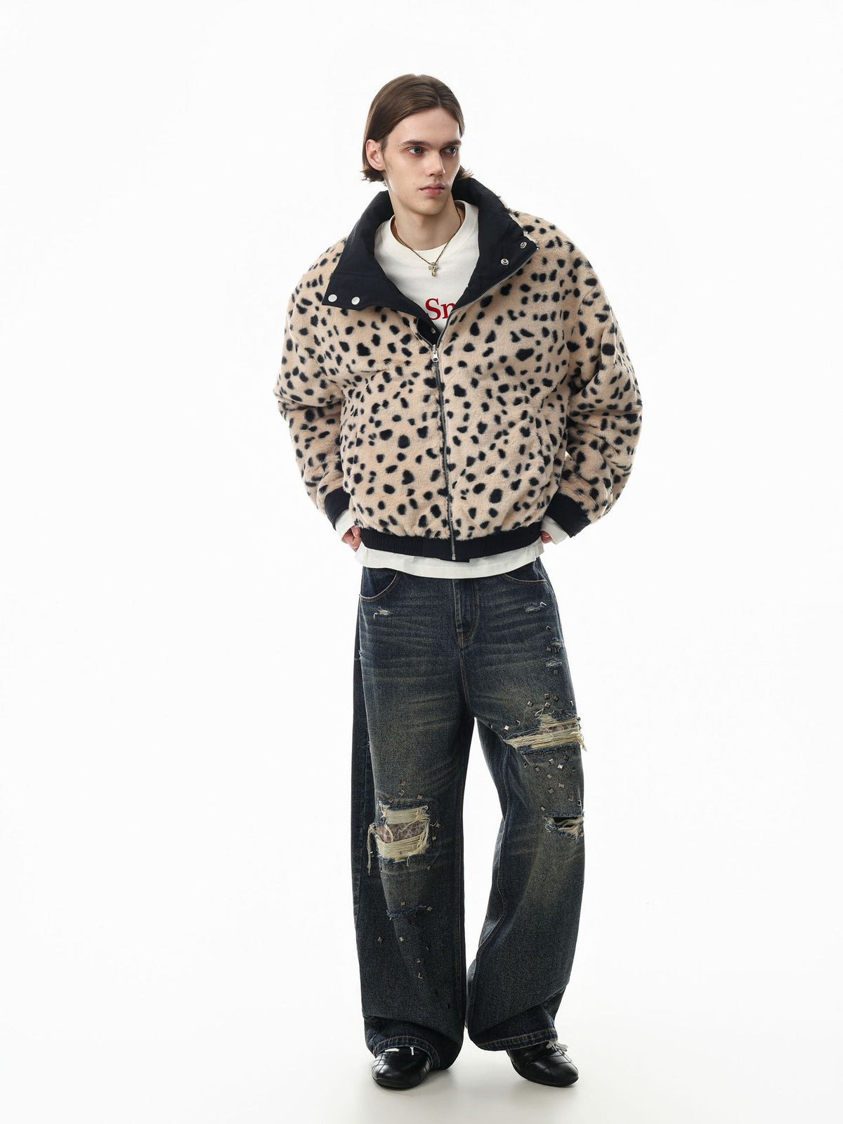 Reversible Dalmatian Faux Fur Bomber Jacket – Two-Way Wear Padded Coat