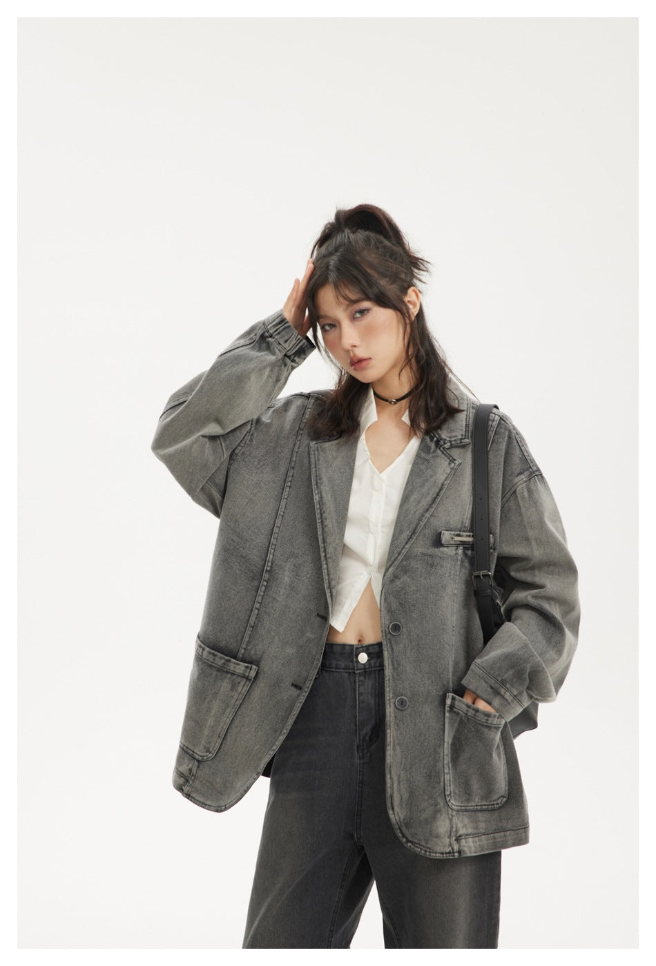 Oversized Washed Denim Blazer Jacket – Vintage Grey Black