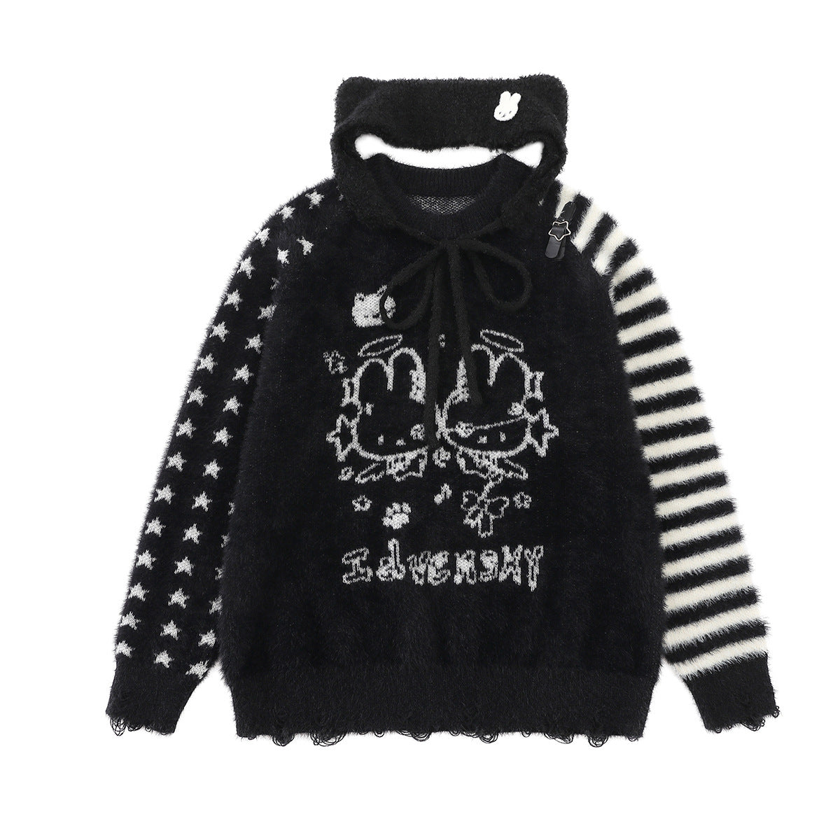 Cartoon Rabbit Angel Knit Sweater – Mixed Star & Stripe Fuzzy Pullover with