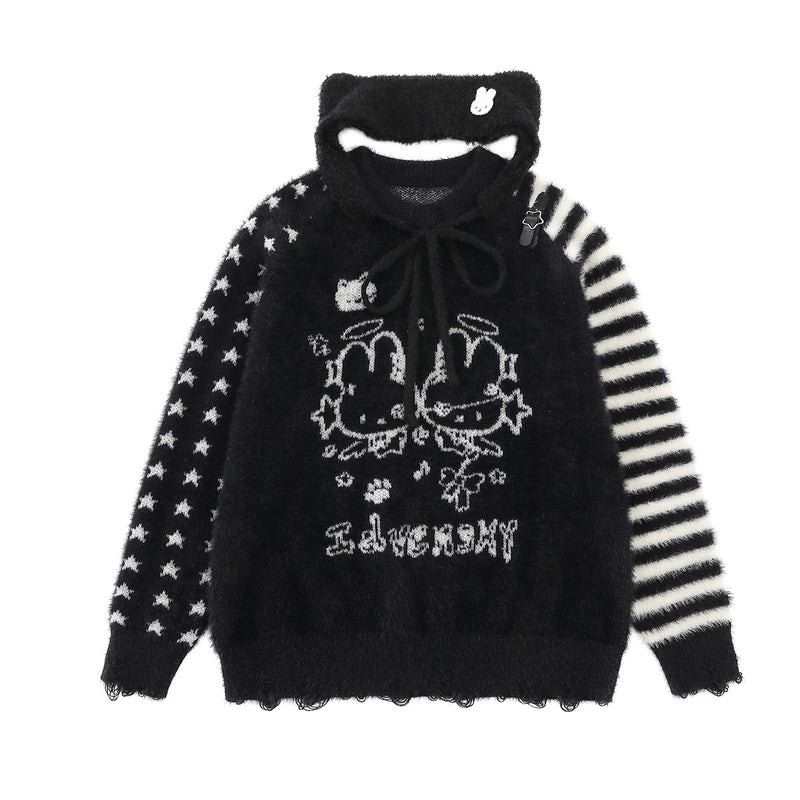 Cartoon Rabbit Angel Knit Sweater – Mixed Star & Stripe Fuzzy Pullover with