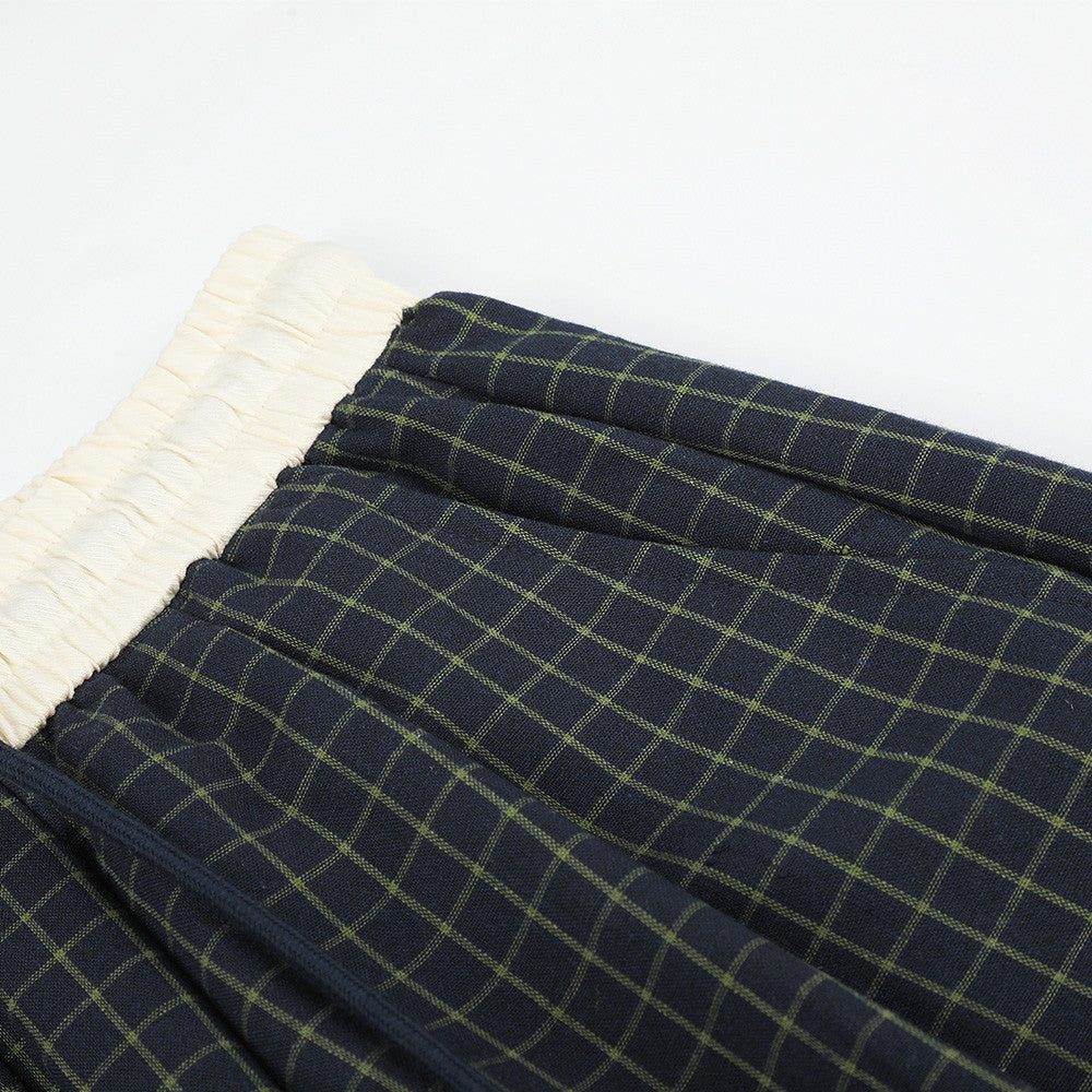 Wide-Leg Plaid Trousers – Elastic Waist Drawstring Contrast Band