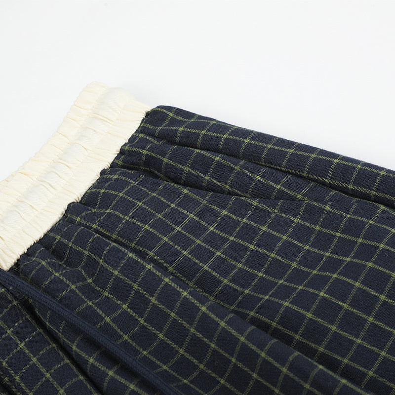 Wide-Leg Plaid Trousers – Elastic Waist Drawstring Contrast Band