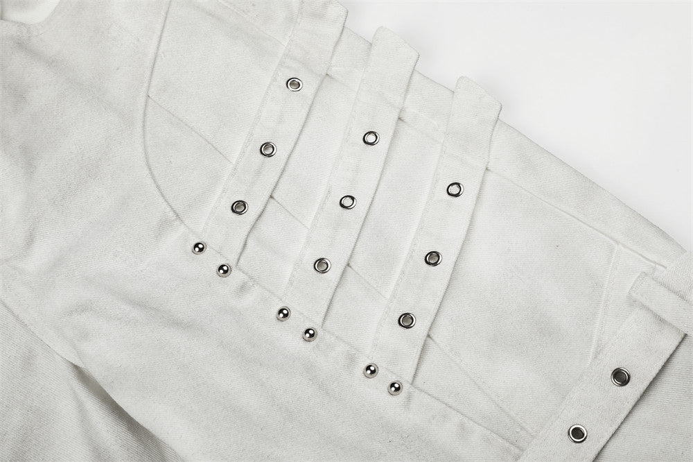 Men's Bell Bottom Jeans with Gothic Harness Straps, Metal Eyelets & Ribbon