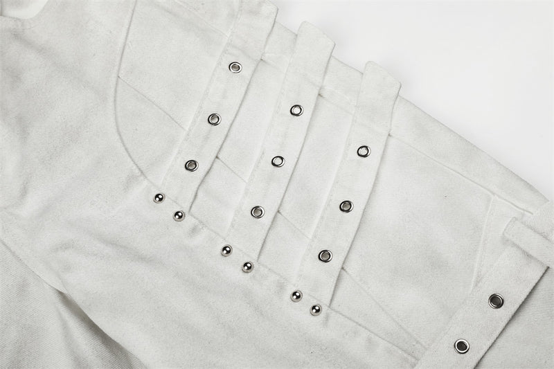 Men's Bell Bottom Jeans with Gothic Harness Straps, Metal Eyelets & Ribbon