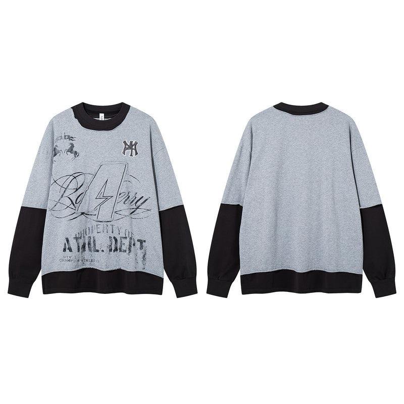 T-shirt oversize color block à motif, manches longues – Haut streetwear à effet deux pièces