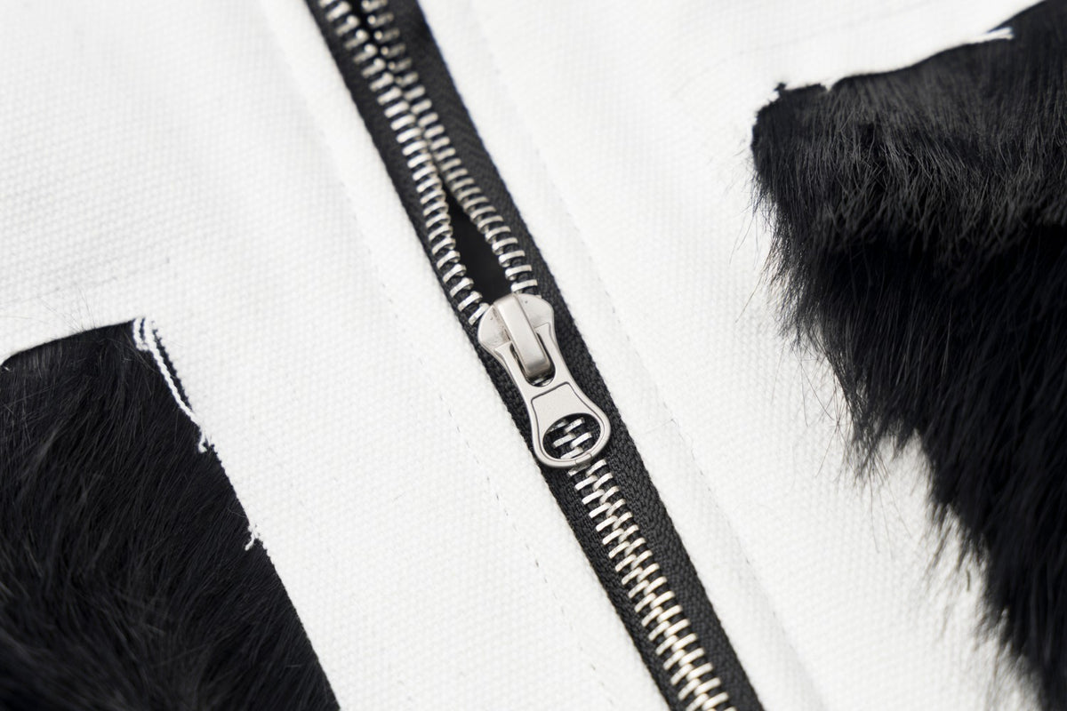 Faux Fur Hooded Bomber Jacket – Black with White Cross Patch