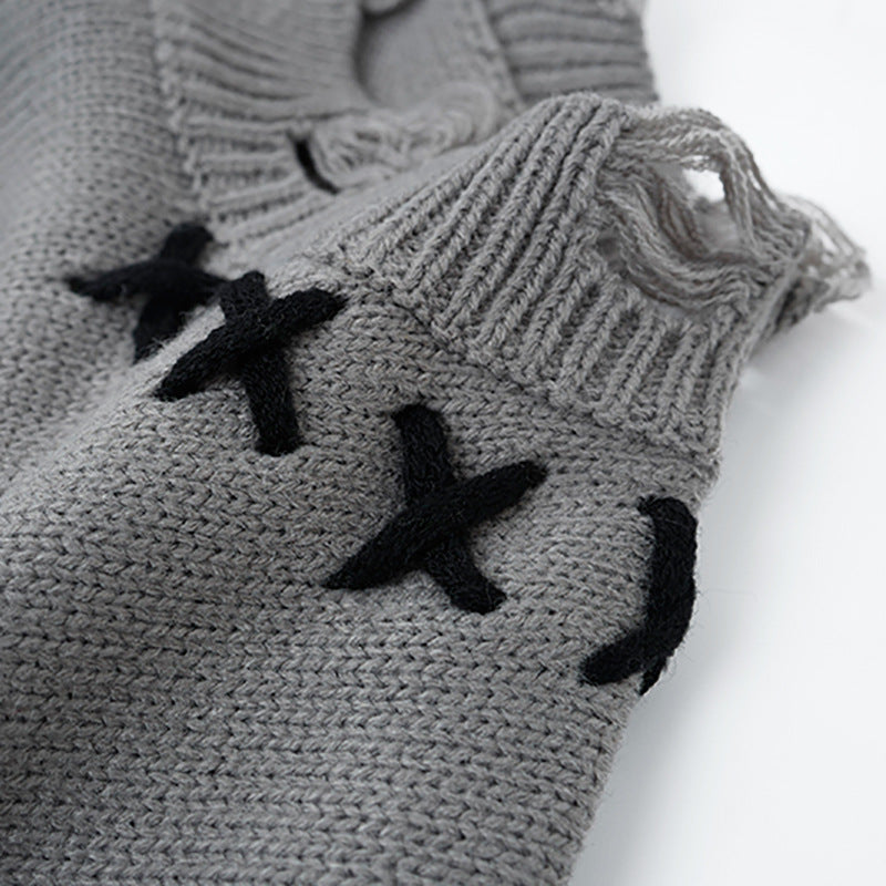Pull en maille effet usé motif chat – Col rond oversize avec point de croix
