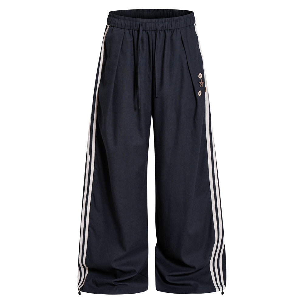 Pantalon de survêtement wide leg – Triple bande latérale, taille élastique à cordon