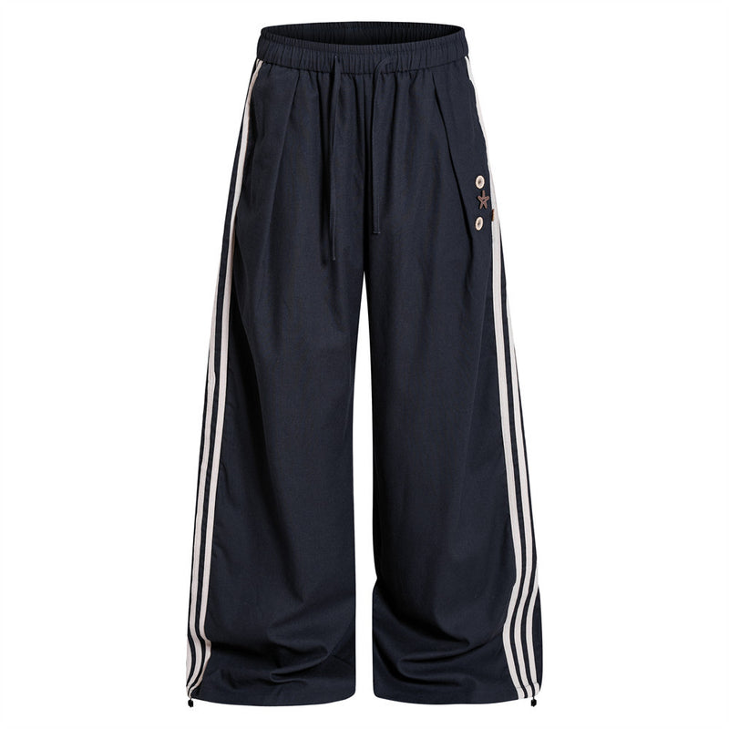 Pantalon de survêtement wide leg – Triple bande latérale, taille élastique à cordon
