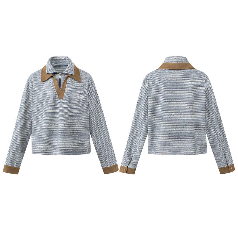 Striped Half-Zip Polo Sweatshirt with Suede Collar & Cuffs