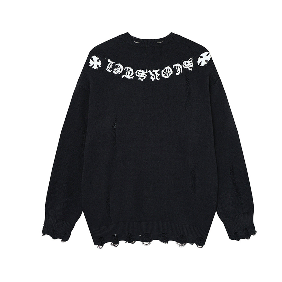 Crew Neck Knit Sweater Gothic Cross Distressed Hem Streetwear