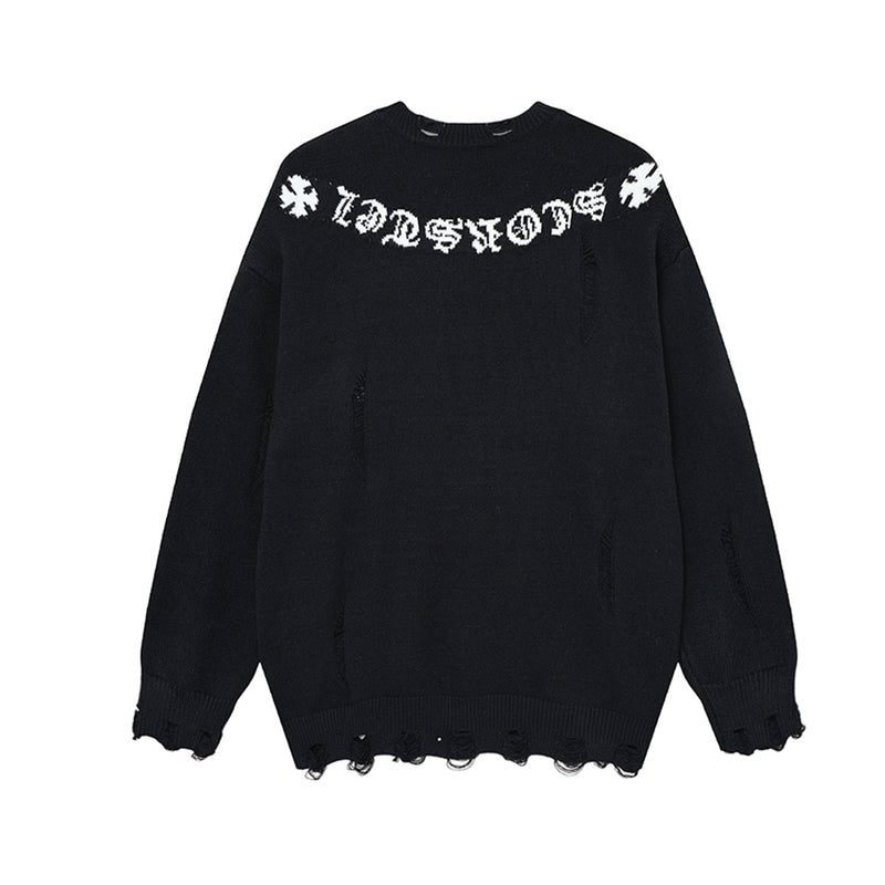 Crew Neck Knit Sweater Gothic Cross Distressed Hem Streetwear
