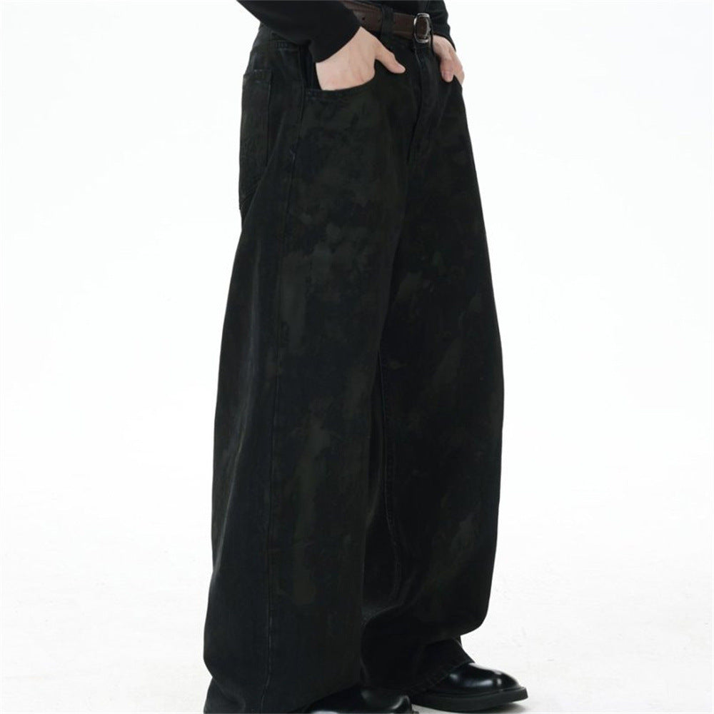 Men Black Baggy Jeans – Tie-Dye Washed Wide-Leg Denim Pants