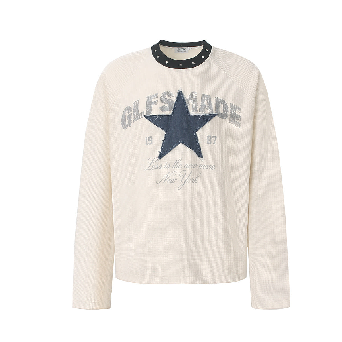 GLFSMADE 1987 cream waffle-knit long sleeve shirt with denim star patch graphic and studded neckband, front view