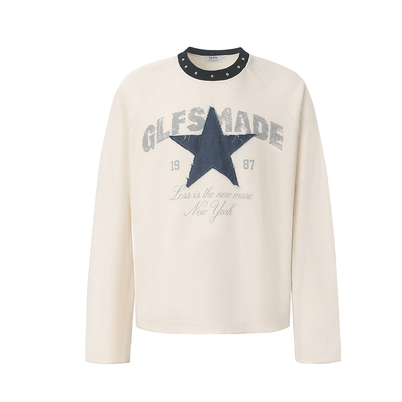 GLFSMADE 1987 cream waffle-knit long sleeve shirt with denim star patch graphic and studded neckband, front view